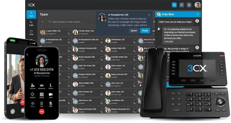3CX-Anwendungen auf Smartphone und Desktop sowie ein IP-Telefon